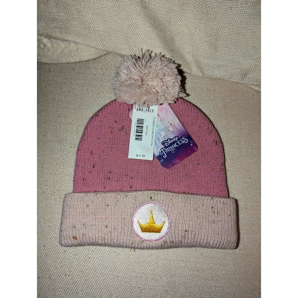 Disney Princess Crown Pink Youth Beanie Hat with Pom Puff NWT
